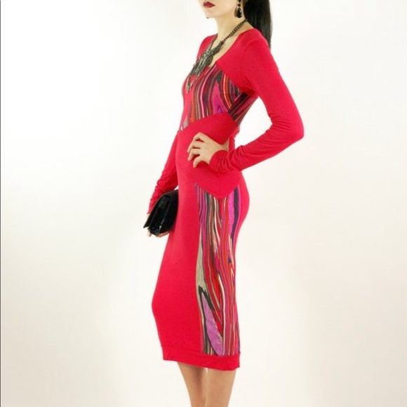 Red and Abstract Print Midi Dress-Size Small - Picture 2 of 5